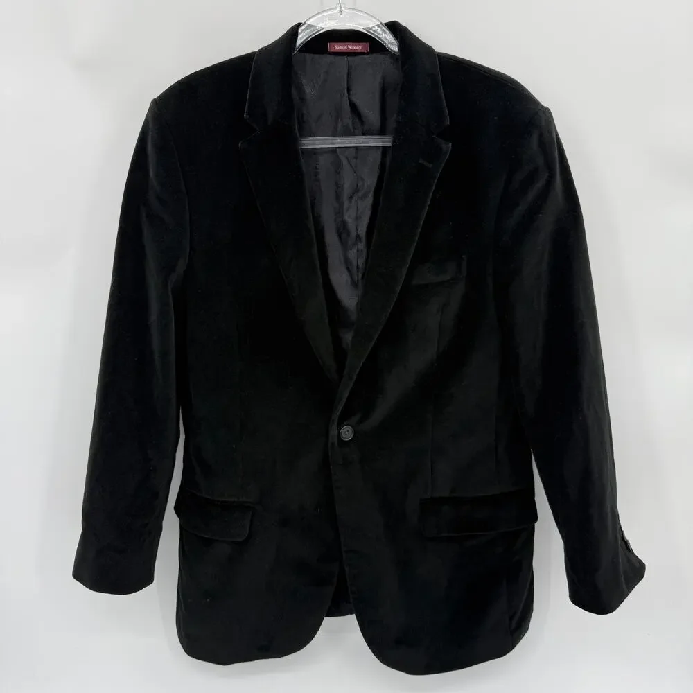 SAMUEL WINDSOR Mens Velvet Single Button Blazer Size 38S Black Regency Jacket